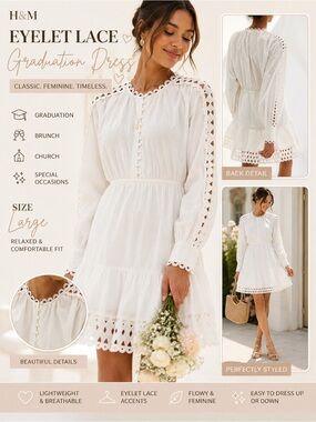H&M White Eyelet Lace Long Sleeve Graduation Dress Size Large